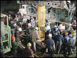 Lowering the rescue capsule into the shaft